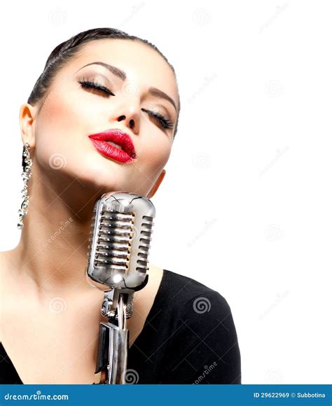 Singing Woman With Retro Microphone Stock Image Image Of Makeup