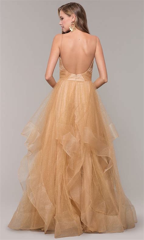 Long Layered Glitter Tulle V Neck Prom Dress V Neck Prom Dresses