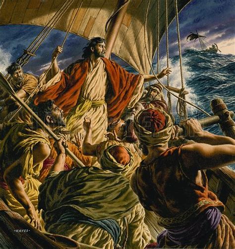 Jesus Christ And His Disciples Sailing On The Sea Of Galilee Stock