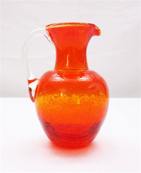 Vintage Orange Crackle Glass Miniature Pitcher With Clear Handle Bud Vase Knick Knack Hand