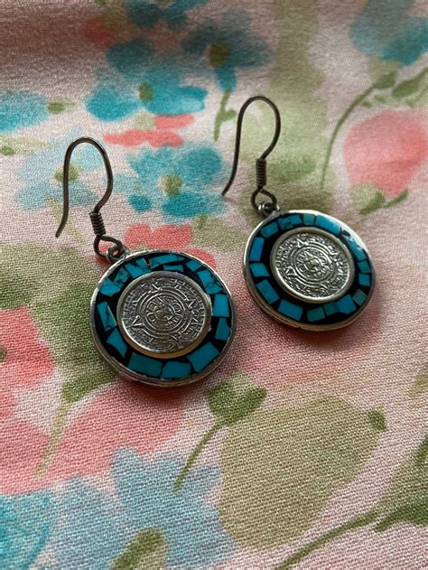 Mexican Silver Aztec Earrings Turquoise Vintage Etsy