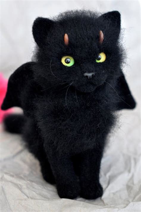 Black Kitty Demon Cat Cute Fantasy Needle Felted Art Toy Diablo Kitten