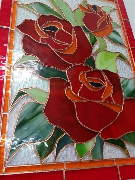 Red Roses Stained Glass Panel Stained Glass Window Hanging Etsy