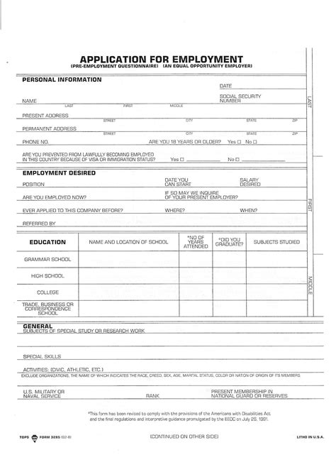 Job Application Form Printable