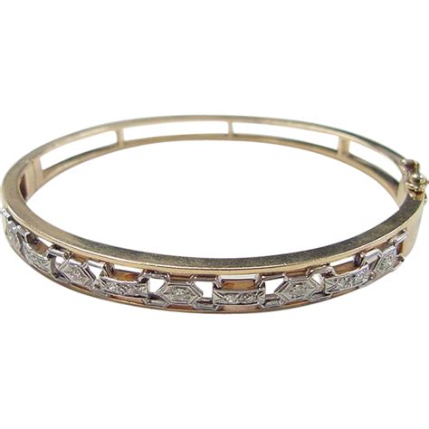 Vintage 14k Gold Two Tone Diamond Hinged Bangle Bracelet From