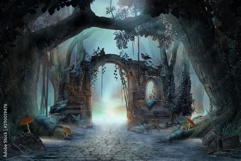 Archway In An Enchanted Fairy Forest Landscape Misty Dark Mood Can Be