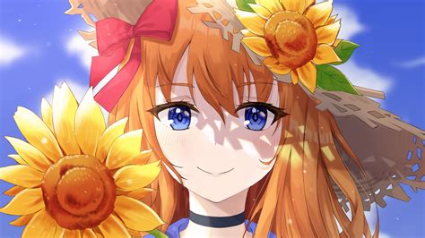 Blue Eyes Brown Hair Anime Girl With Sunflowers 4k Hd Anime Girl