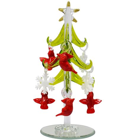 Miniature Glass 6 Christmas Tree With Cardinal And Snowflake Ornaments