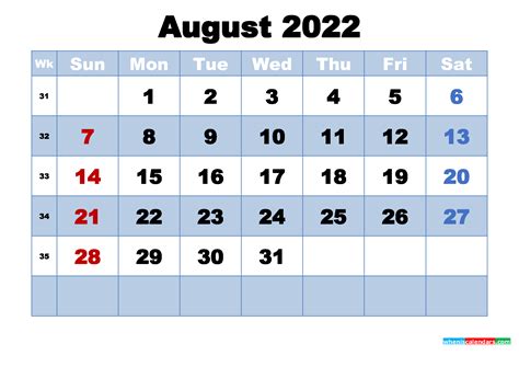 August 2022 Calendar With Holidays Printable