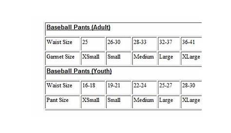 Youth Easton Baseball Pants Size Chart