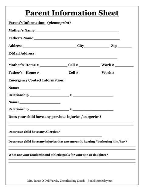 Parent Contact Information Sheet Fill Online Printable Fillable