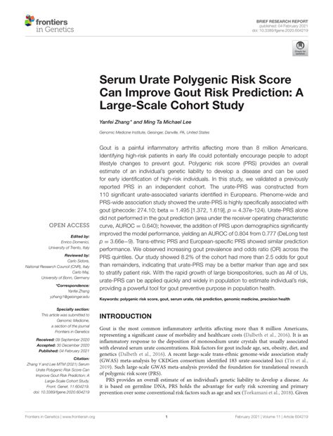 Pdf Serum Urate Polygenic Risk Score Can Improve Gout Risk Prediction