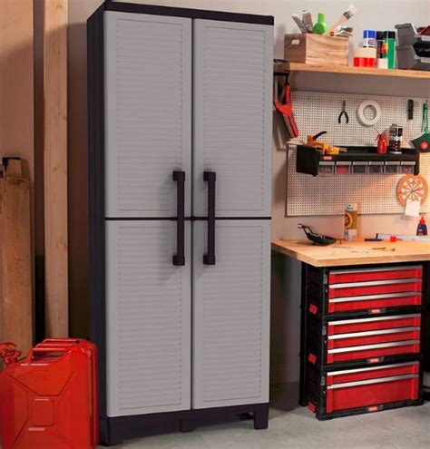 The suncast tall storage cabinet has you covered. Tall Storage Cabinet Garage Resin Durable Shelving Patio ...