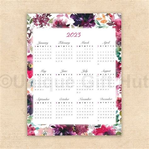 2023 Printable Watercolor Floral Wall Calendar Bold Watercolor Frame