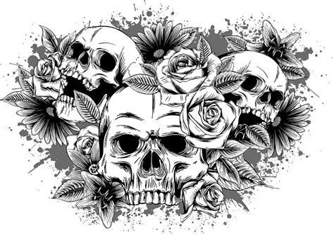 Skull With Flowers With Roses Drawing By Hand Vector Illustration