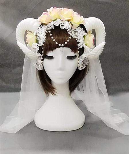 Gothic Horn Headdress And Optional Veil White Flower Hair