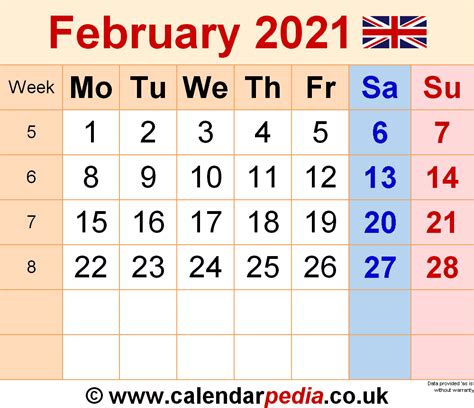 Calendar February 2021 Uk With Excel Word And Pdf Templates