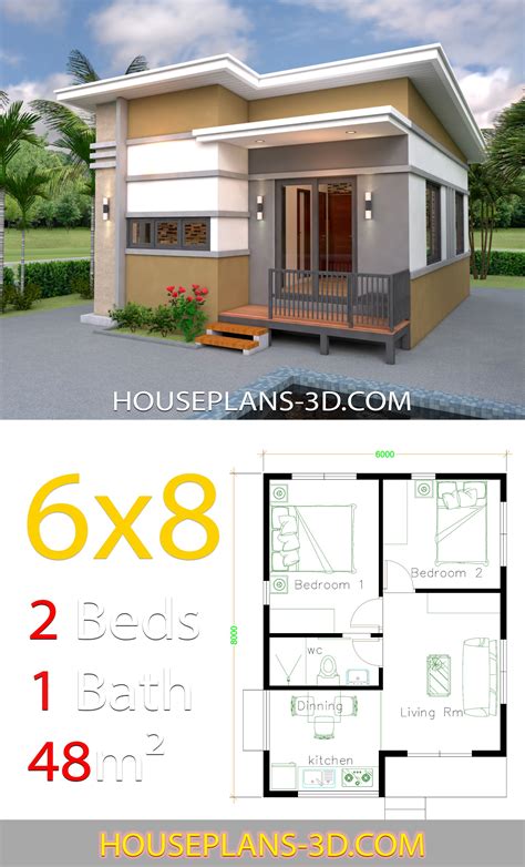House Design 6x8 With 2 Bedrooms House Plans 3d House Design