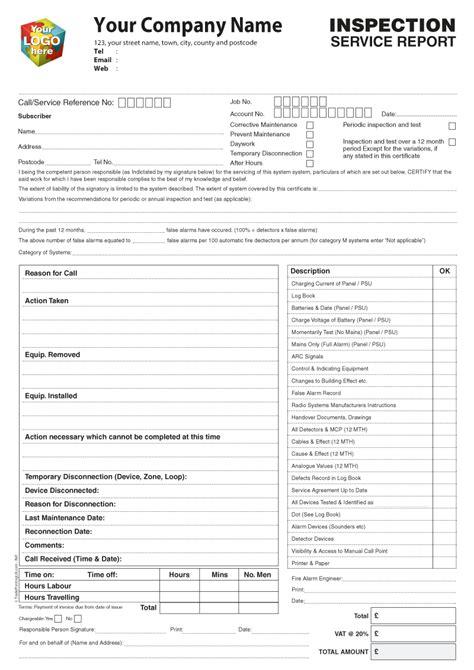 The following records when initialed indicate that a daily inspection of the cleaning has been completed and the standard achieved is that specified in the written cleaning schedule. Inspection Service Report Template Artwork For Ncr Printed ...