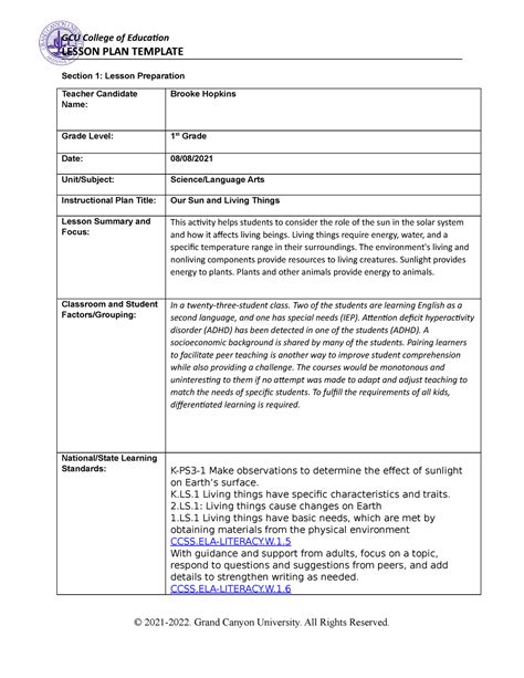 Coe Lesson Plan Template 4600 Update Lesson Plan Template Section 1
