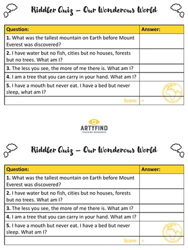 Riddle Quiz Our Wonderous World Starter Plenary Extension Task