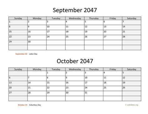September And October 2047 Calendar