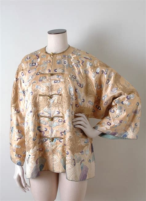 Unique Antique Chinese Silk Jacket With Embroidered Dragons Hemlock
