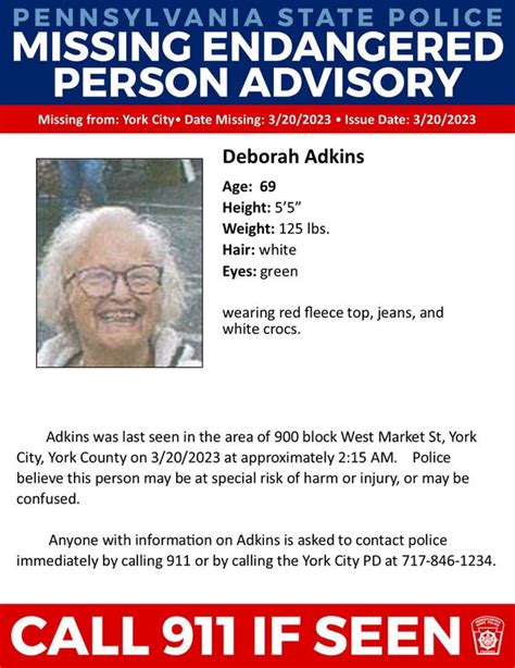 State Police Searching For Missing 69 Year Old Deborah Adkins Of York