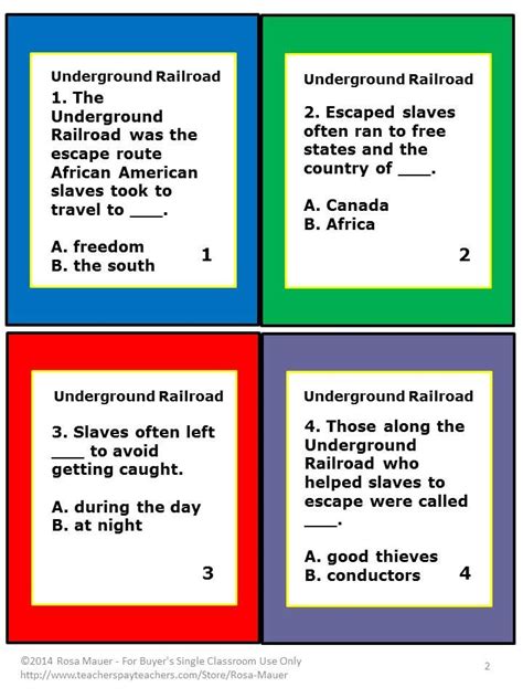 Underground Railroad Task Cards And Worksheet Printable Questions