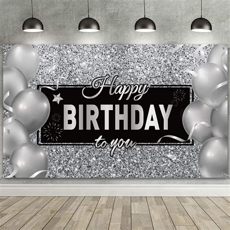 Silver Happy Birthday Banner Backdrop Black White Balloons Black And Silver Birthday Party