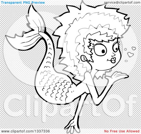 Lineart Clipart Of A Cartoon Black And White Mermaid Blowing A Kiss 2