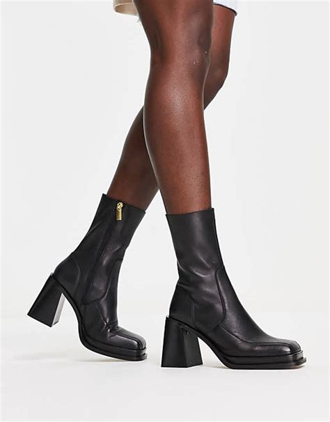 asos design restore leather mid heel boots in black asos