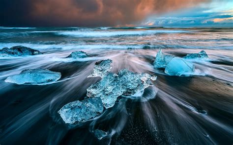 Nature Ice Water Sea Waves Long Exposure Iceland