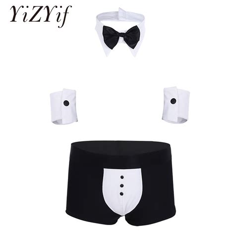 yizyif boxer set waiter sexy tuxedo shorts gay underwear panties bow tie collar bracelets gay