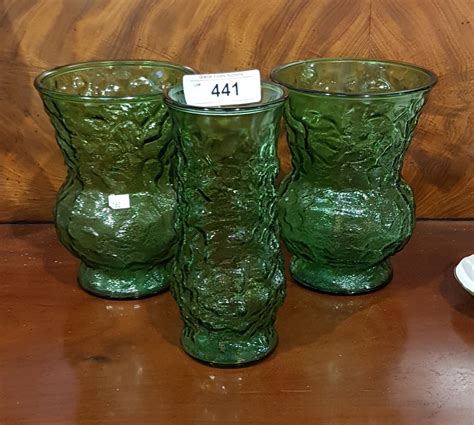 Three Vintage Green Glass Vases