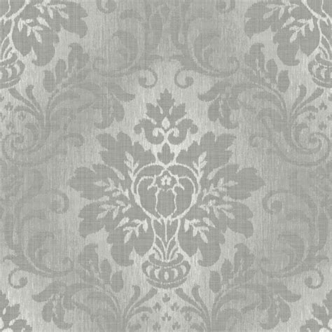 Grandeco Fabric Royal Grey Silver Damask Motif Glitter Textured