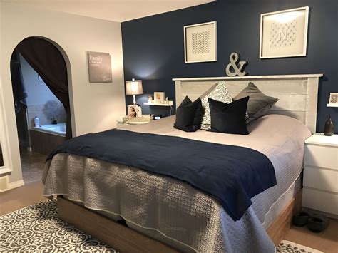 The master bedroom should have a color scheme that's calming and restful with a little pop of personality so that you can reflect, recharge, and chic yet cozy, navy is one of the best blue paint color choices for any bedroom. Navy Blue Master Bedroom Makeover #MasculineBedding ...