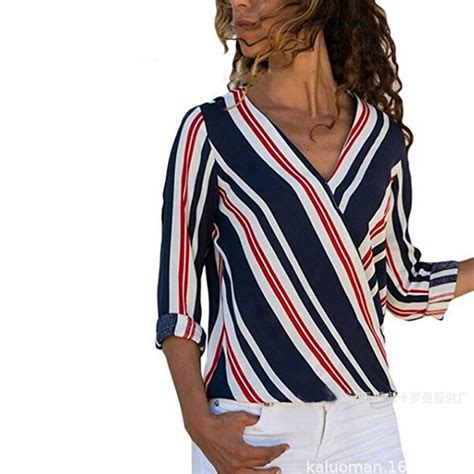 Women V Neck Rainbow Striped T Shirt Loose Casual Tops Three Quarter Sleeve Blusas Shirts Female