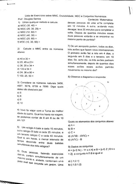 Lista de Conjuntos Numéricos MMC MDC Matemática Básica