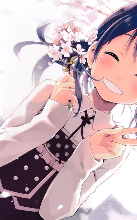 Download 1600x2560 Anime Girl Smiling Closed Eyes Flowers Short