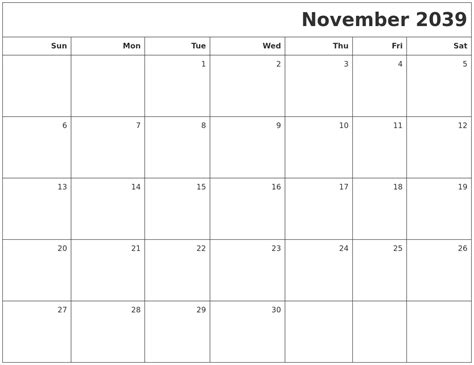 November 2039 Printable Blank Calendar
