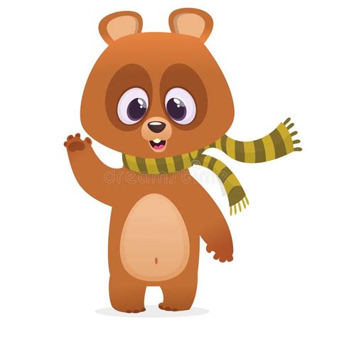 Funny Cartoon Brown Bear In A Skarf Smiling And Waving Hand Vector