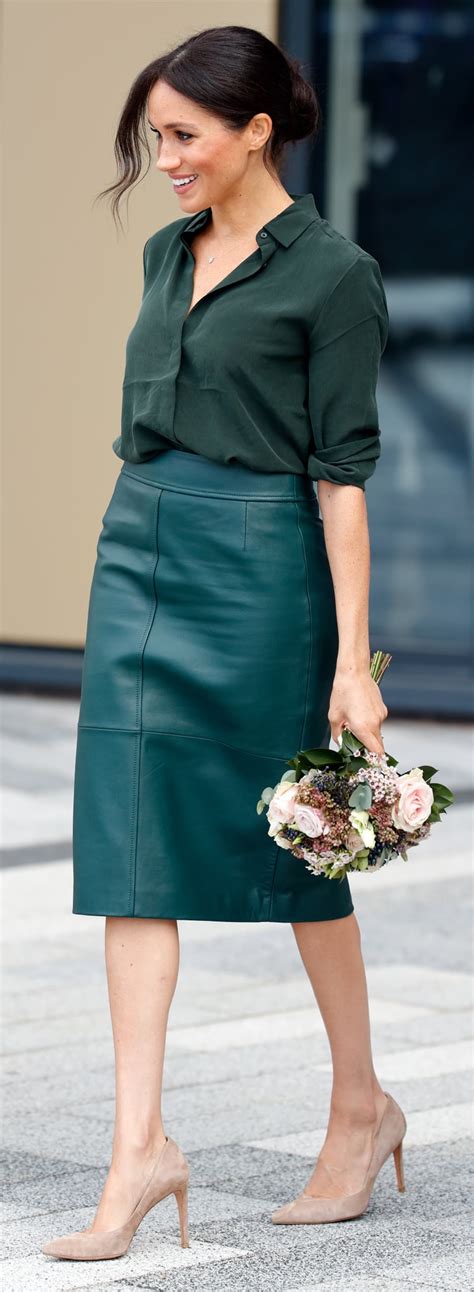 A Green Silk Blouse And Matching Leather Pencil Skirt In Sussex In October 2018 Meghan Markle