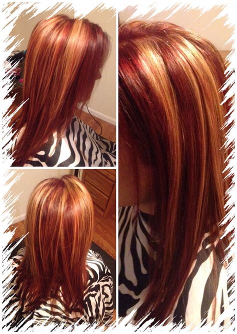 It should be a dark, purplish shade of red… like the color of technically, strawberry blonde is just blonde hair with red undertones, but it could really fall in either category. all over red with chunky blonde highlights | Red hair with ...