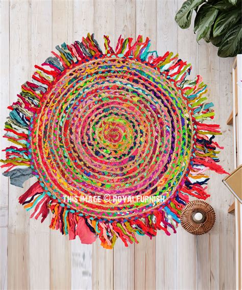 Colorful Jute Cotton Braided 3 Ft Round Fringed Rug
