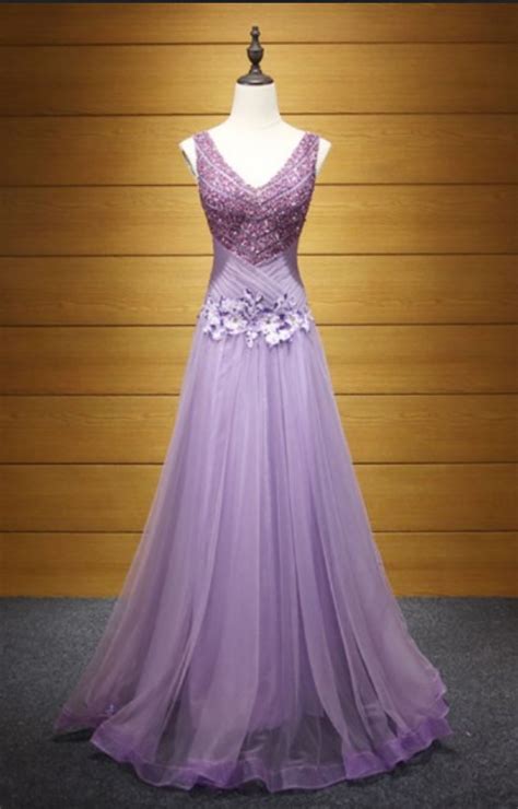 Purple A Line V Neck Floor Length Tulle Prom Dress With Beading On Luulla