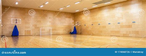 Interior Of Empty Modern Basketball Or Soccer Indoor Sport Court Stock