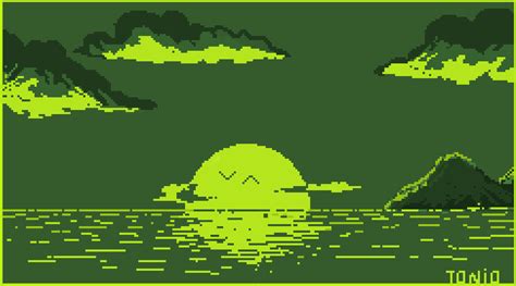 Gameboy Themed Sunset Pixel Art Background Dark Green Aesthetic