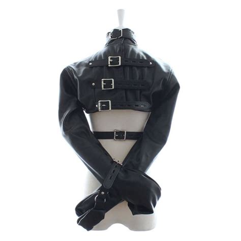 “bughouse” arm binder pu leather strait jacket open breast bondage hands restraint harness