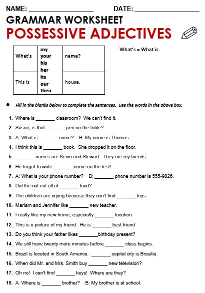 Possessive Pronouns Adjectives Exercise Worksheet Worksheets Samples